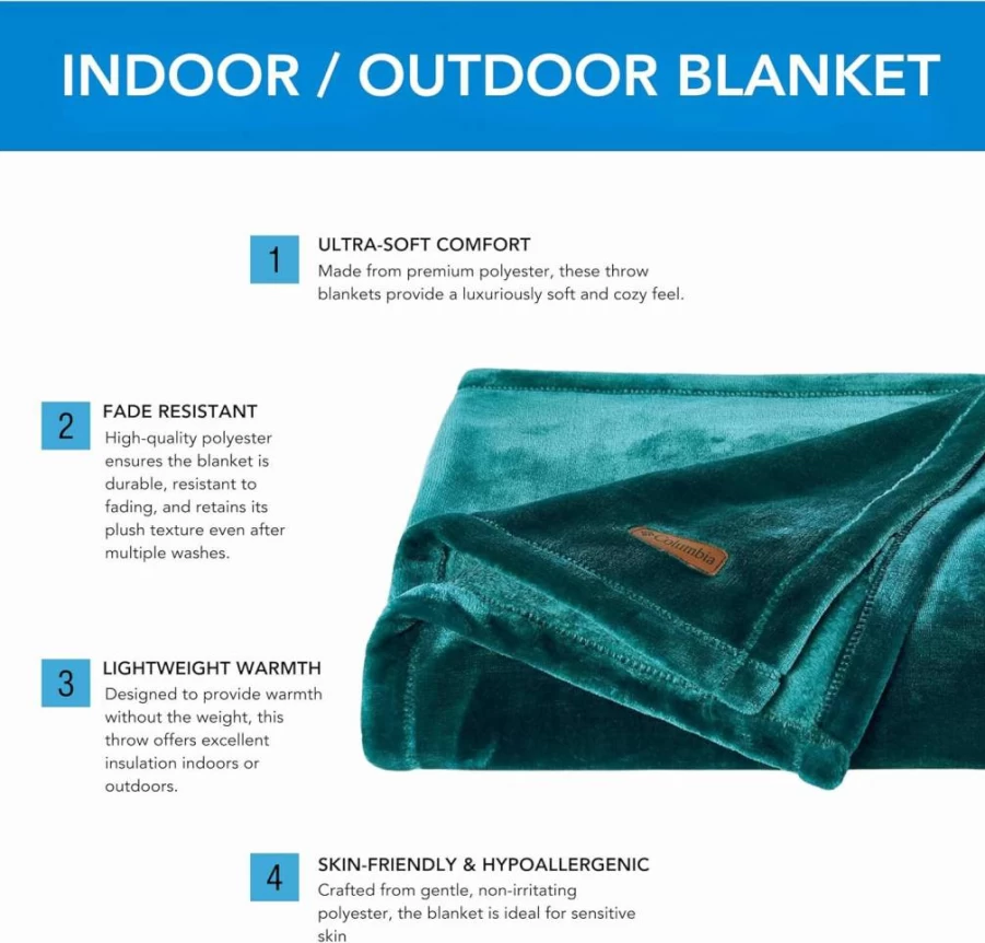 Columbia 50" x 60" Lightweight Throw Blanket - Ultra Soft & Cozy for Camping, Picnics, Home, Bed, and Living Room - Black Outdoor & Indoor Essentials
