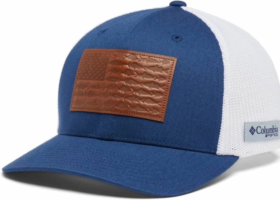 Columbia PFG Leather & Mesh Fishing Hat with Flag Design - Sun Protection Ball Cap